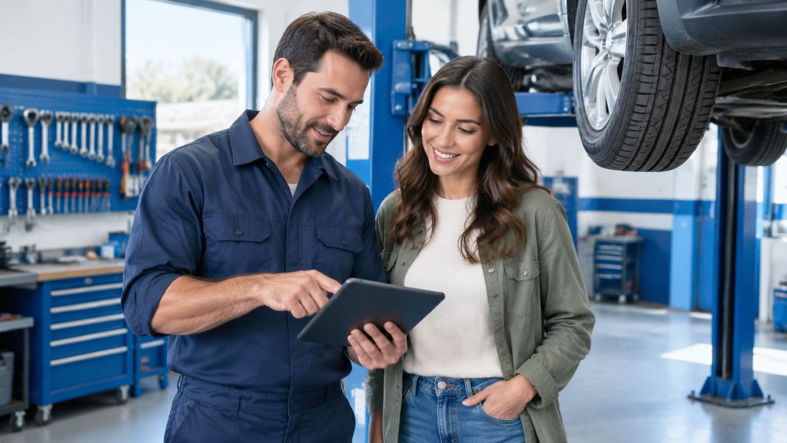 Un mecánico y un cliente miran una tablet junto a un auto elevado en un taller